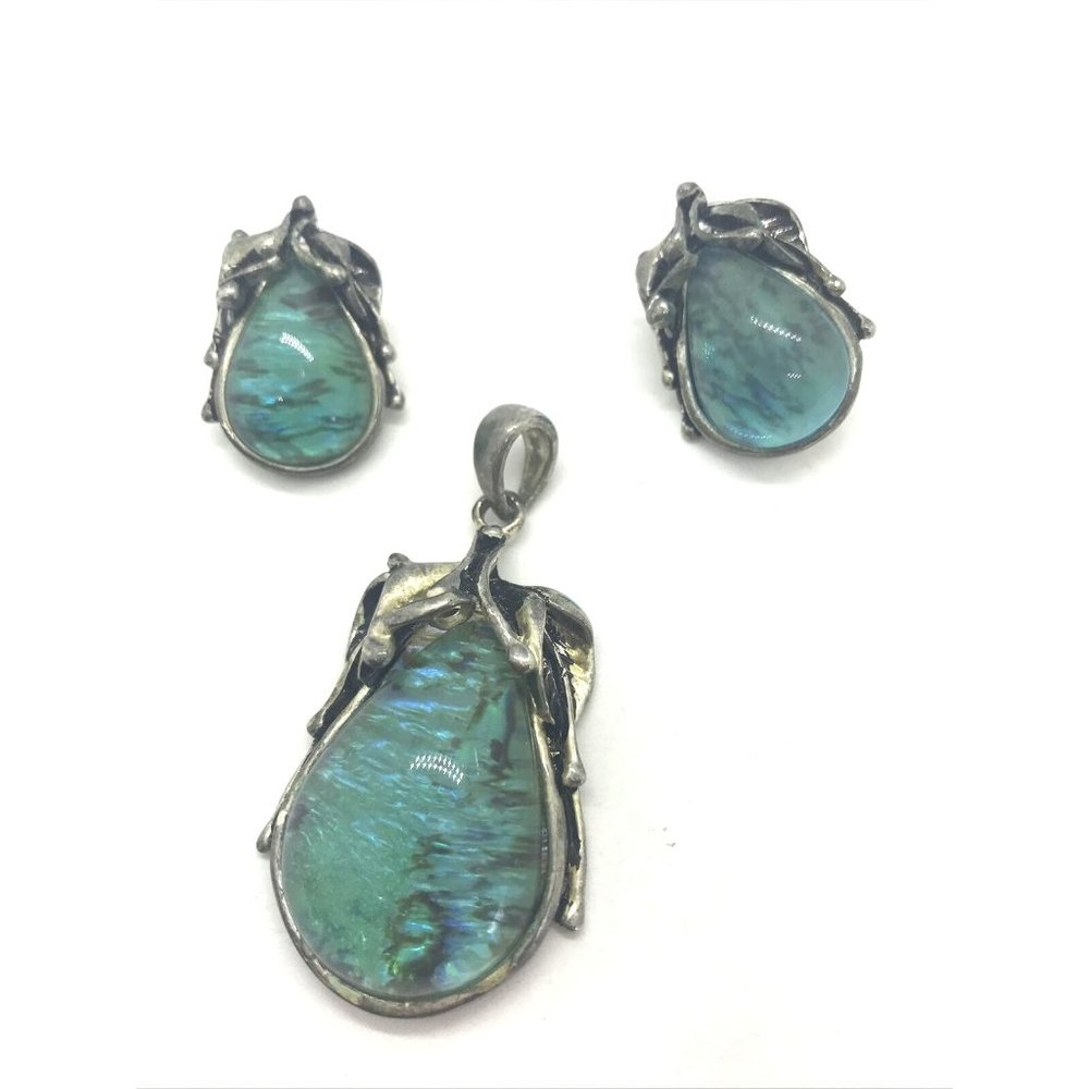 dichroic glass Blue Artisan Pendant Earring Set OOAK Resin Vintage No chain